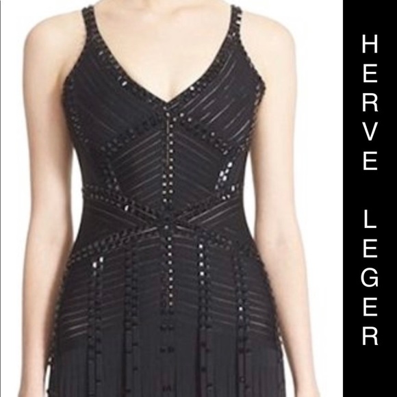 đź’•herve Leger Jadelyn Black Beaded Fringe Cocktail Dress. - Picture 9 of 10